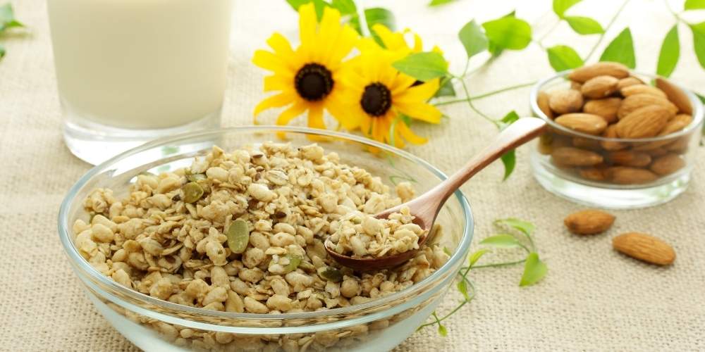 Desayuno de cereales integrales con un vaso de leche 